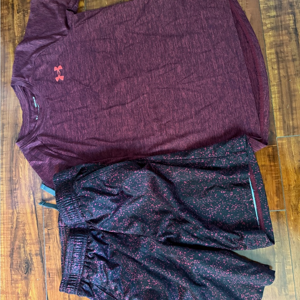 Under Armour Maroon T-Shirt and Black Shorts Set